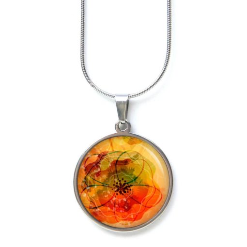 Edelstahl Kette große abstrakte orangene Blume - Aquarell