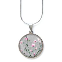 Edelstahl Kette zauberhafte Kirschblüten in grau und rosa