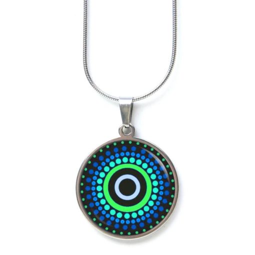 Edelstahl Kette blau grün gemustert Punkte Mandala