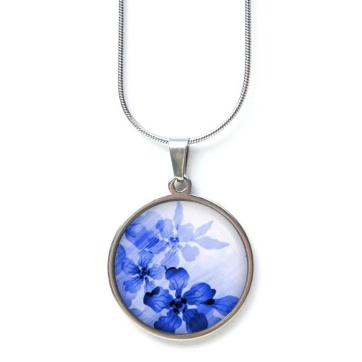 Edelstahl Kette blaue zarte Blumen im Aquarell Stil