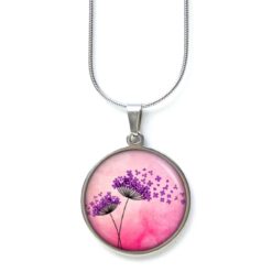 Edelstahl Kette zwei zauberhafte Pusteblumen in violett und rosa