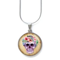 Edelstahl Kette lila Totenkopf mit Blumen Frühling Rosa und beige