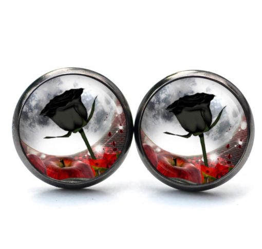 Druckknopf Ohrstecker Ohrhänger Steampunk schwarze Rose mit Mond