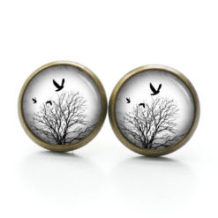 Druckknopf / Ohrstecker / Ohrhänger Baum im Winter mit Vögeln schwarz weiß