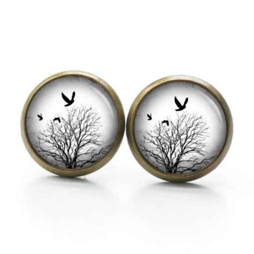 Druckknopf Ohrstecker Ohrhänger Baum im Winter mit Vögeln schwarz weiß
