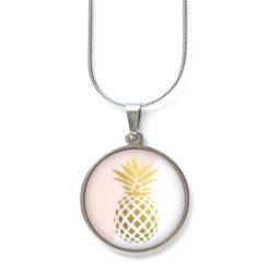 Edelstahl Kette große goldene Ananas in rosa und weiß