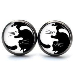 Druckknopf / Ohrstecker / Ohrhänger Ying Yang Katen schwarz und weiß