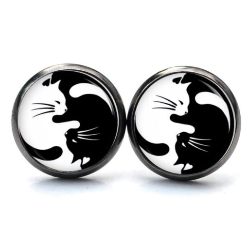 Druckknopf Ohrstecker Ohrhänger Yin Yang Katze schwarz und weiß