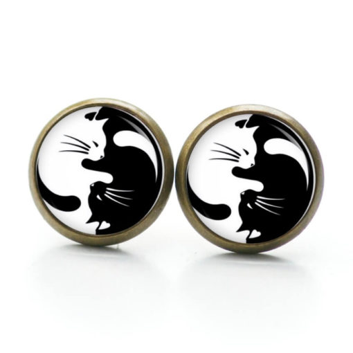 Druckknopf Ohrstecker Ohrhänger Yin Yang Katze schwarz und weiß