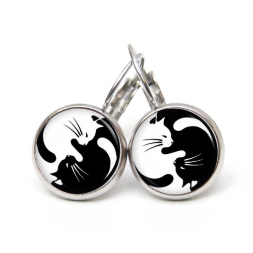 Druckknopf Ohrstecker Ohrhänger Yin Yang Katze schwarz und weiß