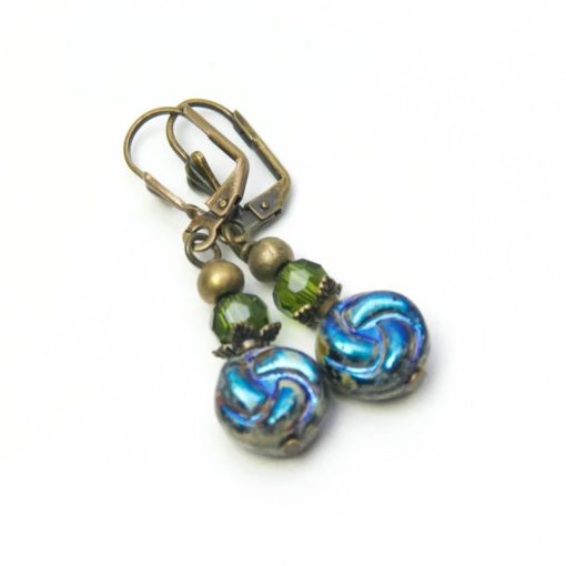 Vintage Ohrringe Bronze mit grün blauen Glasperlen