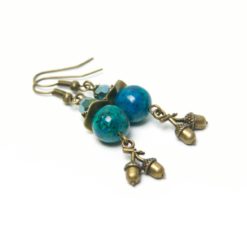 Vintage Ohrringe Bronze mit grünen Perlen und Eicheln