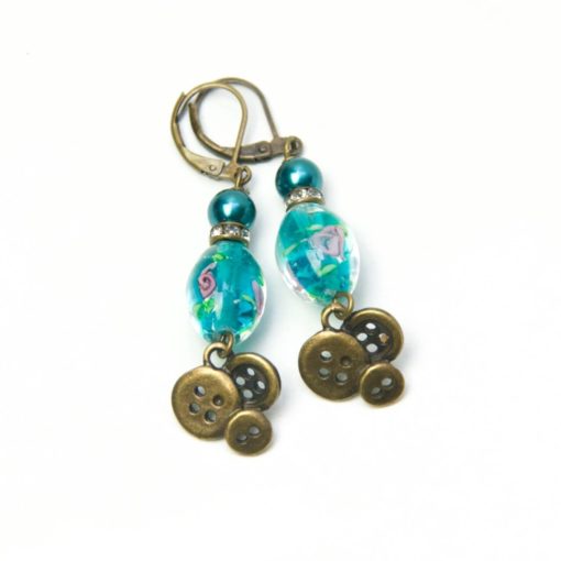 Vintage Ohrringe Bronze mit rosen Perlen und Knöpfen in Smaragdgrün