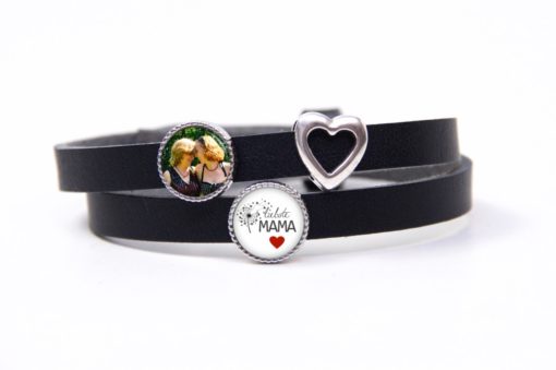 Schwarzes Lederarmband liebste Mama Pusteblume mit Foto und Herz - Farbwahl