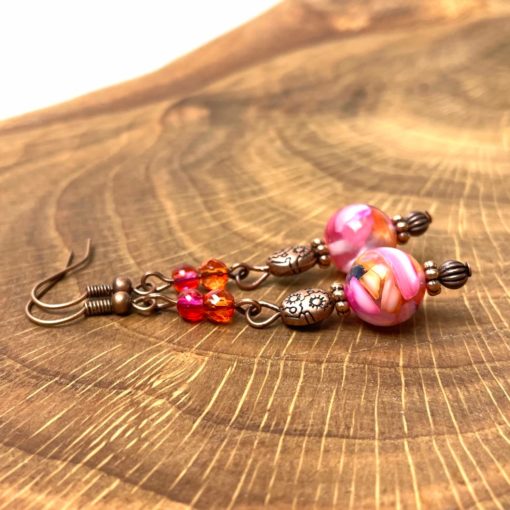 Vintage Ohrringe Kupfer im Hippie Stil mit pink und orange