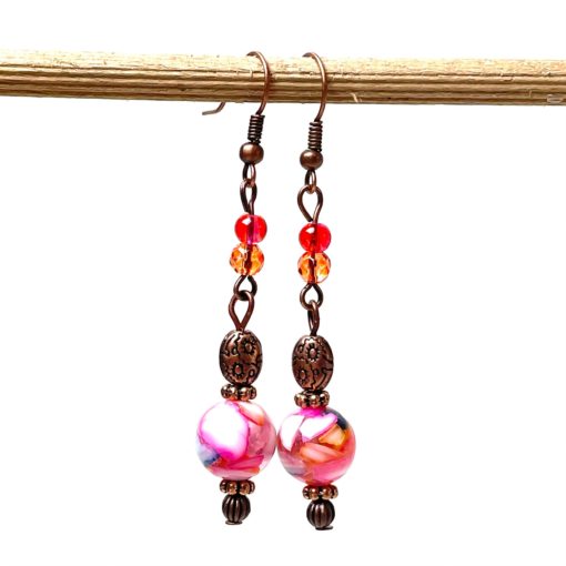 Vintage Ohrringe Kupfer im Hippie Stil mit pink und orange