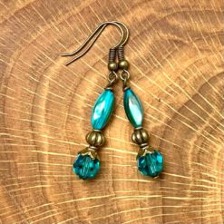 Vintage Ohrringe Bronze mit blau türkisen Perlmutt und Glasschliff Perlen