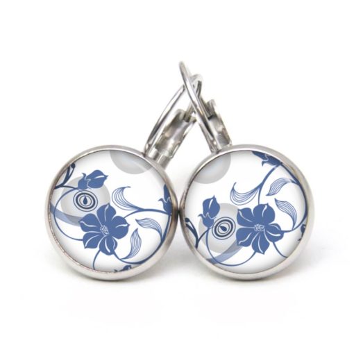 Druckknopf Ohrstecker Ohrhänger mit zart blauen jeansblauen Blumen