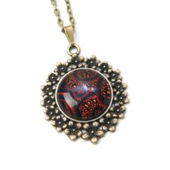 Vintage Kette in Bronze mit Blumen Anhänger in rot schwarz