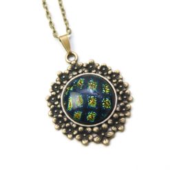 Vintage Kette in Bronze mit Blumen Anhänger in blau grün schwarz