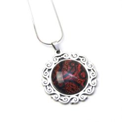 Edelstahl Kette mit Blumen verziertem Anhänger in rot schwarz
