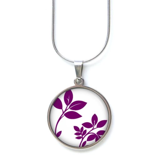 Edelstahl Kette Floral violett weiß mit großen Blättern