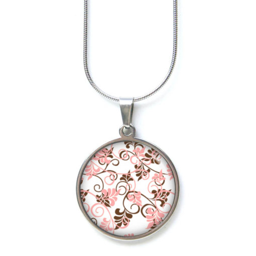 Edelstahl Kette mit zart rosa braunem Blumenmuster 60er Jahre