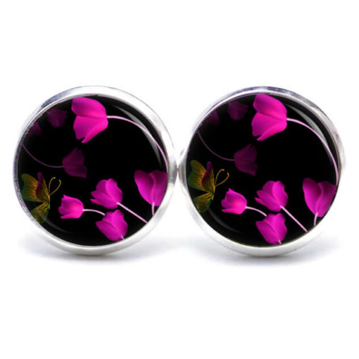 Druckknopf Ohrstecker Ohrhänger in schwarz mit pinken Tulpen Blumen