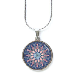 Edelstahl Kette Muster Mandala Mosaik in blau und rosa