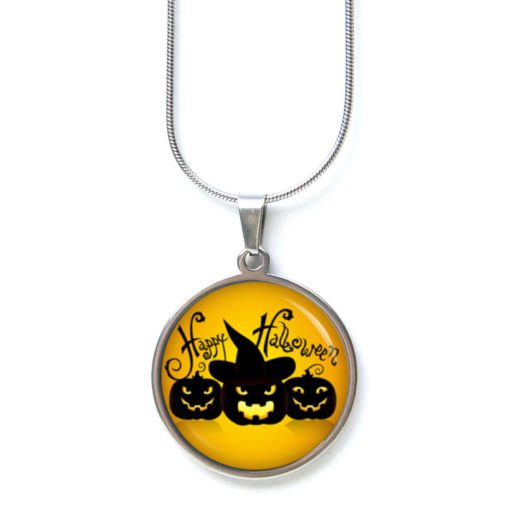 Edelstahl Kette Happy Halloween böser Kürbis orange schwarz