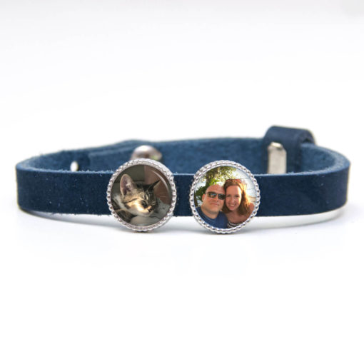 Blaues Lederarmband personalisiert mit zwei Fotos von dir - Farbwahl