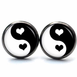 Druckknopf / Ohrstecker / Ohrhänger Yin Yang schwarz weiß Valentinstag Herz Herzen