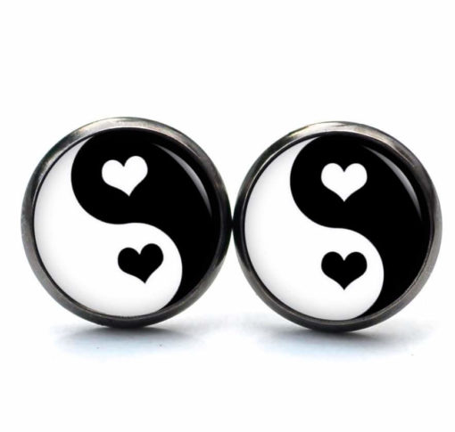 Druckknopf / Ohrstecker / Ohrhänger Yin Yang schwarz weiß Valentinstag Herz Herzen