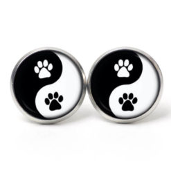 Druckknopf / Ohrstecker / Ohrhänger Yin Yang Hunde Pfoten schwarz weiß