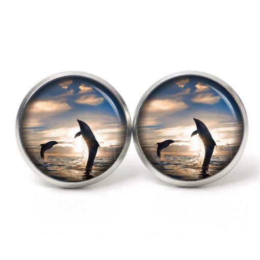 Druckknopf Ohrstecker Ohrhänger Clipse Delfine bei Abendstimmung