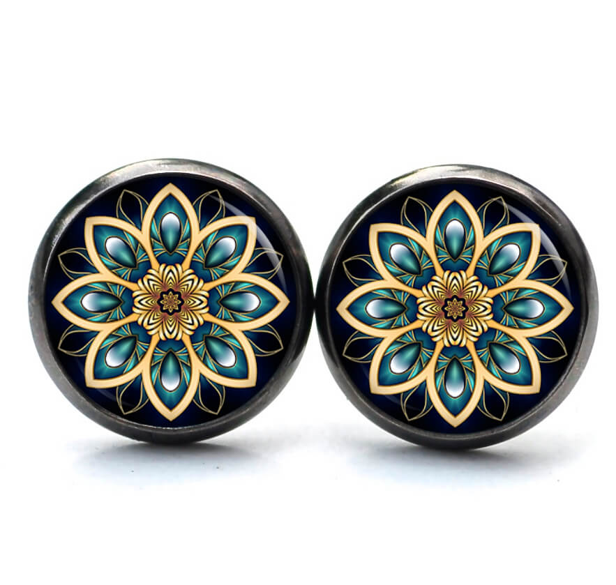 Ohrstecker, Ohrhänger, Clipse & Druckknopf – Motiv Mandala Kaleidoskop Mosaik schwarz emerald gold – Schmuck aus Edelstahl Ohrstecker, Ohrhänger, Clipse & Druckknopf – Motiv Mandala Kaleidoskop Mosaik schwarz emerald gold – Schmuck aus Edelstahl