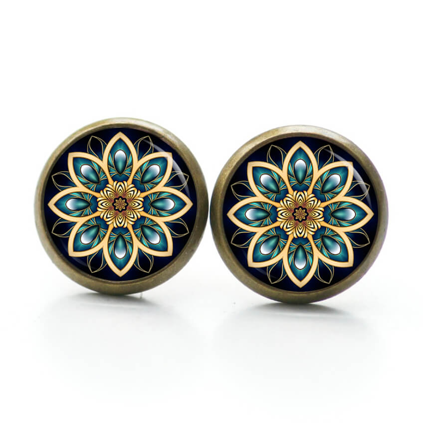 Ohrstecker, Ohrhänger, Clipse & Druckknopf – Motiv Mandala Kaleidoskop Mosaik schwarz emerald gold – Schmuck aus Edelstahl Ohrstecker, Ohrhänger, Clipse & Druckknopf – Motiv Mandala Kaleidoskop Mosaik schwarz emerald gold – Schmuck aus Edelstahl