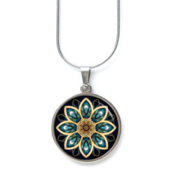 Edelstahl Kette Mandala Kaleidoskop Mosaik schwarz emerald gold