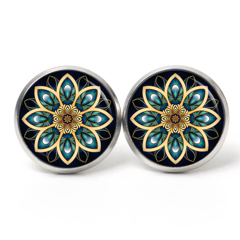 Ohrstecker, Ohrhänger, Clipse & Druckknopf – Motiv Mandala Kaleidoskop Mosaik schwarz emerald gold – Schmuck aus Edelstahl Ohrstecker, Ohrhänger, Clipse & Druckknopf – Motiv Mandala Kaleidoskop Mosaik schwarz emerald gold – Schmuck aus Edelstahl