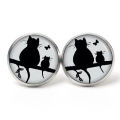 Druckknopf Ohrstecker Ohrhänger Clipse Katze und Babykatze mit Schmetterling in Grau