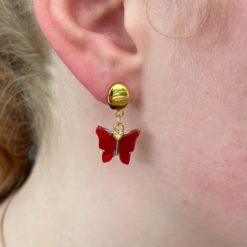 Perlmutt Schmetterling Ohrhänger in rot und gold - Edelstahl
