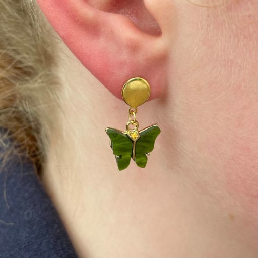 Perlmutt Schmetterling Ohrhänger in oliv grün und gold - Edelstahl