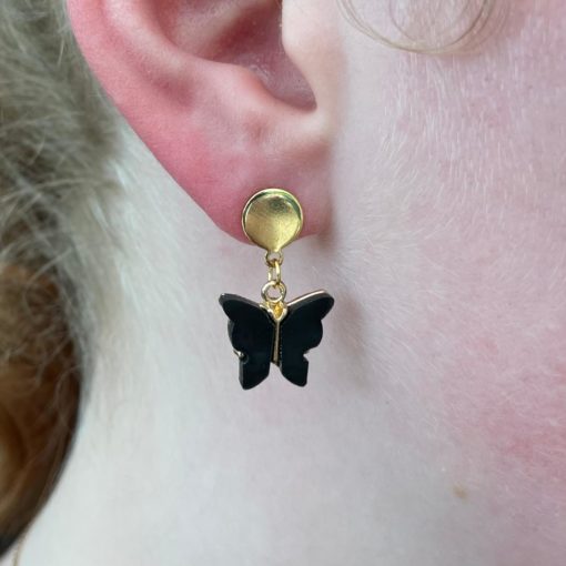Perlmutt Schmetterling Ohrhänger in schwarz und gold - Edelstahl