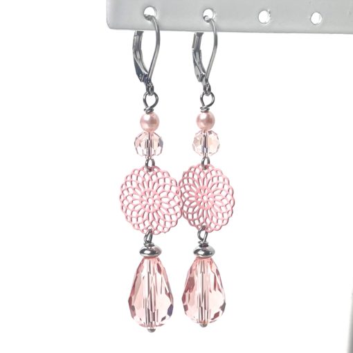 Lange Vintage Ohrringe Edelstahl im Boho Stil rosa