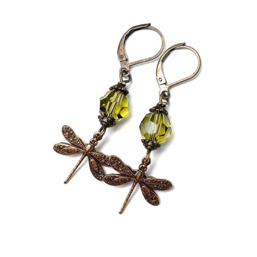 Bronzene Vintage Ohrringe Libelle mit oliv grüner Glasschliffperle