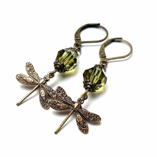 Bronzene Vintage Ohrringe Libelle mit oliv grüner Glasschliffperle