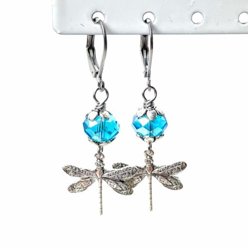 Vintage Ohrringe Libelle mit türkis blauer Glasschliffperle - Edelstahl