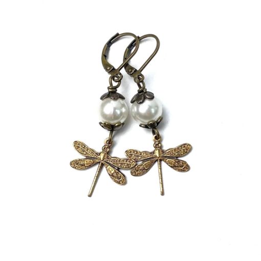 Bronzene Vintage Ohrringe Libelle mit creme weißer Perle