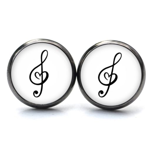 Druckknopf Ohrstecker Ohrhänger Clipse Notenschlüssel mit Herz Musik Noten schwarz weiß