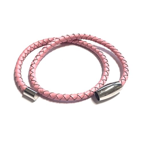 Doppelt gewickeltes rosa Lederarmband mit Edelstahl Magnetverschluss